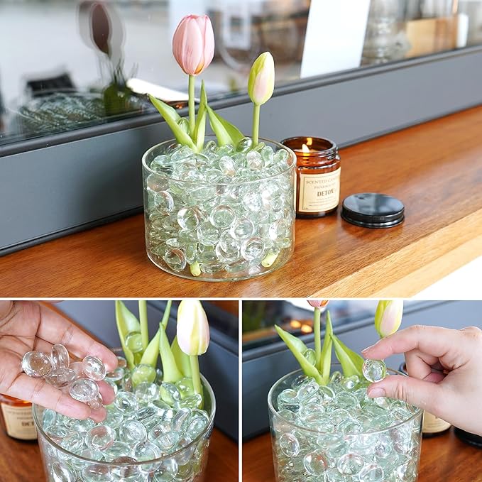 10LB Clear Flat Glass Marbles for Vases, Gemstone Beads Vase Filler Decorative Glass Pebbles for Fish Tank, DIY Crafts, Aquarium Decor Rocks