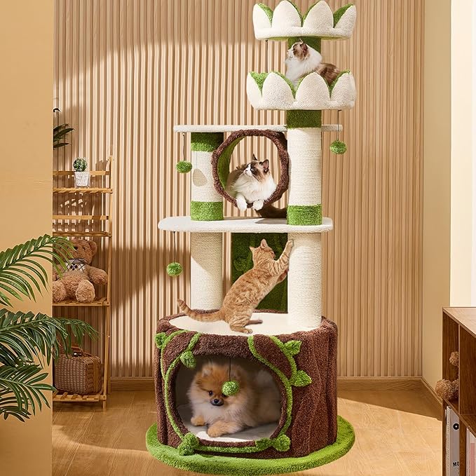 73‘’ Tall Flower Cat Tree for Indoor Cats Large Adult, Luxury Cat Tower with Scratching Post, Heavy Duty Modern Cat Furniture for Large Cats, Removable Mats, Multi-Level Cat House with Toy Ball