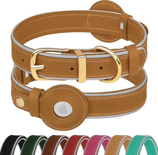 OOPSDOGGY Reflective Geniune Leather Airtag Dog Collar Soft Padded Collars for Small Medium Large Breed Dogs Puppy, 4 Sizes, 7 Colors (Camel, Medium, 12"-15")