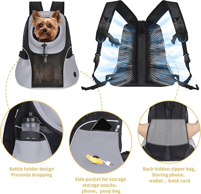WOYYHO Pet Dog Carrier Backpack Small Dog Front Backpack Ventilated Mesh Dog Travel Back Pack with Safety Belt for Travel Hiking Cycling Outdoor Use (L (10-14 lbs), Grey)