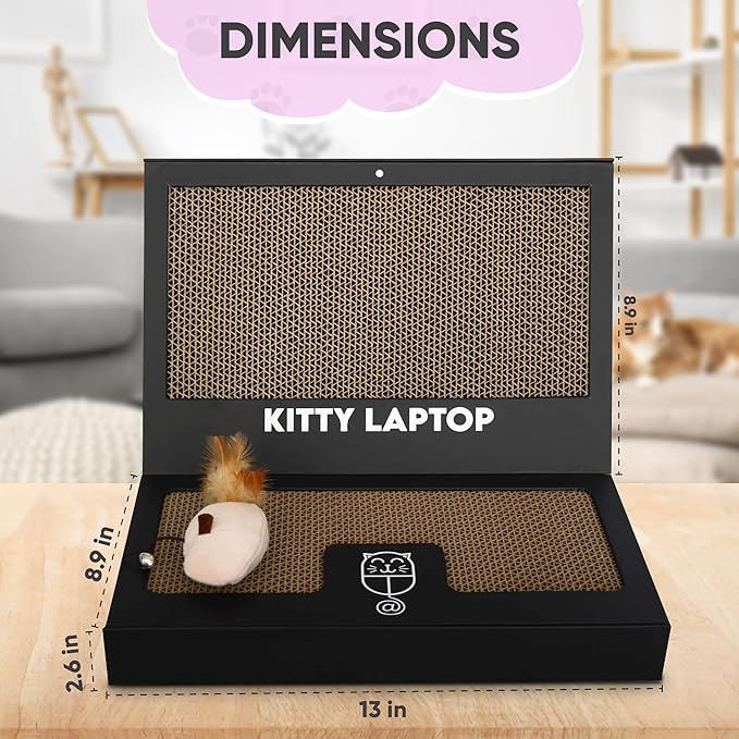 Toy Cat Laptop with 2 Scratchboards + Catnip Mouse Toy for Cats + 50pack Cat Sticker - Interactive Eco-Friendly Cat Computer with Scratch Pad Laptop for Cats - Mini Cat Laptop