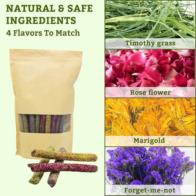 Fhiny 68 PCS Rabbit Chew Sticks, Natural Petals Timothy Hay Sticks Guinea Pig Chewing Toys for Teeth Small Animals Molar Snacks for Bunny Guinea Pig Chinchilla Hamster