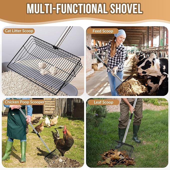 SlowTon 10-inch Large Chicken Poop Scooper - 5 in 1 Multifunctional Chicken Litter Scoop with 35 to 67in Stainless Steel Handle, Heavy Duty Chicken Coop Cleaning Tool Litter Sifting Shovel