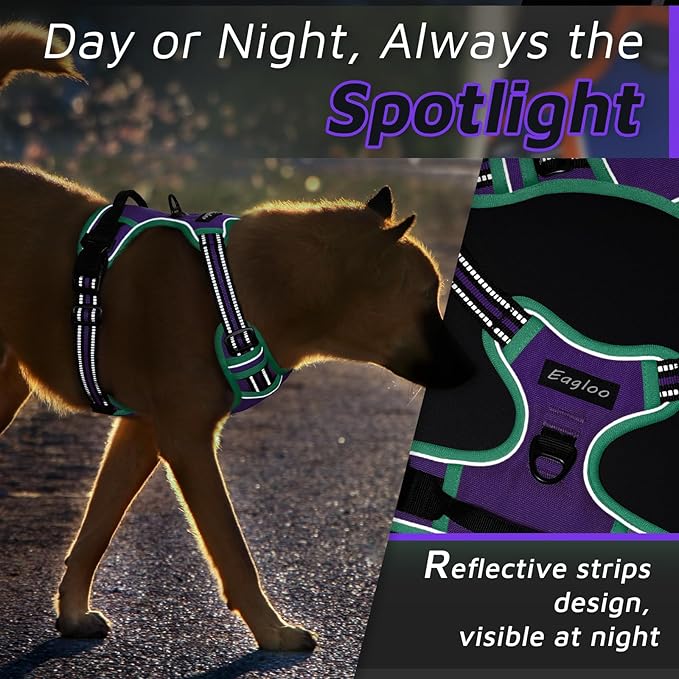 Eagloo Dog Harness for Large Dogs, No Pull Service Vest with Reflective Strips and Control Handle, Adjustable and Comfortable for Walking, No Choke Pet Harness with 2 Metal Rings, Purple & Green, L