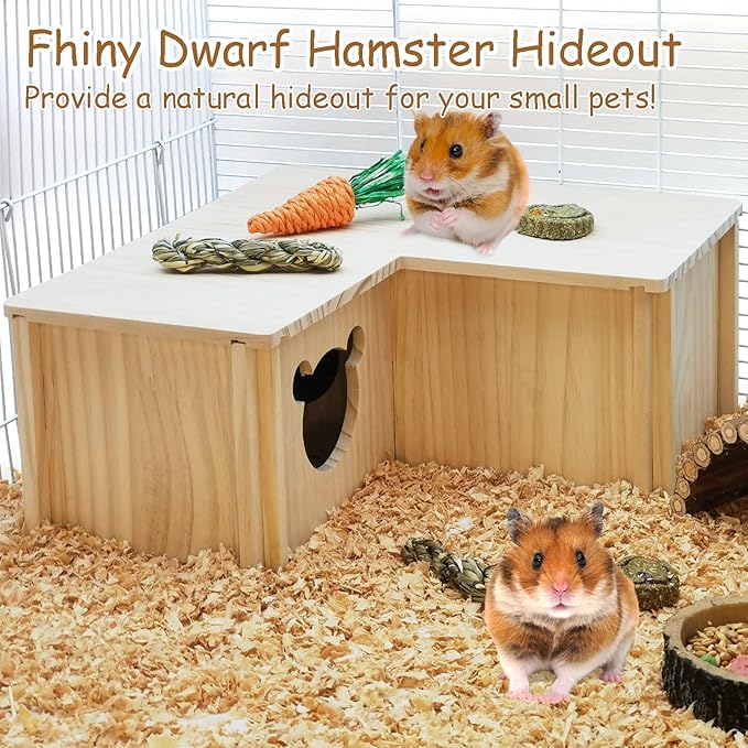 Fhiny Wooden Hamster House, Multi-Chamber Hamster Hideout & Tunnel Detachable Activity Room Exploring Toys Rats Habitat Decor for Dwarf Hamsters Gerbils Mice Lemmings (Small)