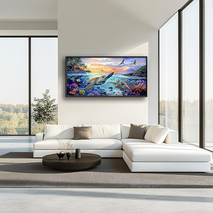 Framed Large Sea Turtle Wall Art for Living Room, Oversized Ocean Turtle Wall Decor Seascape Underwater Marine Life Canvas Painting Home Decoration for Living Room Bedroom Office 60"x30"