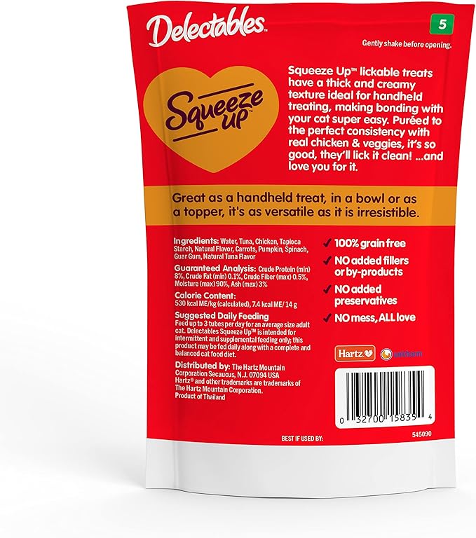 Hartz Delectables Squeeze Up Interactive Lickable Wet Cat Treats for Adult & Senior Cats, Chicken & Veggies, 4 Count (Pack of 8)