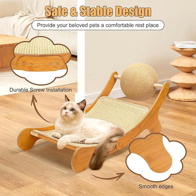 Outamateur Sisal Cat Scratcher Bed, Cat Hammock Chair, 3 in 1 Cats Scratcher Lounge, Cats Mini Beach Chair with Toy Ball, Pet Beds with Removable Sisal Pad for Indoor Small Animal, Puppy, Rabbit