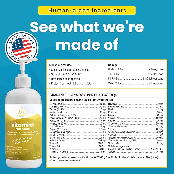 Liquid Multivitamin for Dogs with Probiotics, 8 in 1 Vitamins for Immune Support, Energy & Digestion, High Absorption Liquid Dog Supplement, Made in USA, 16 oz
