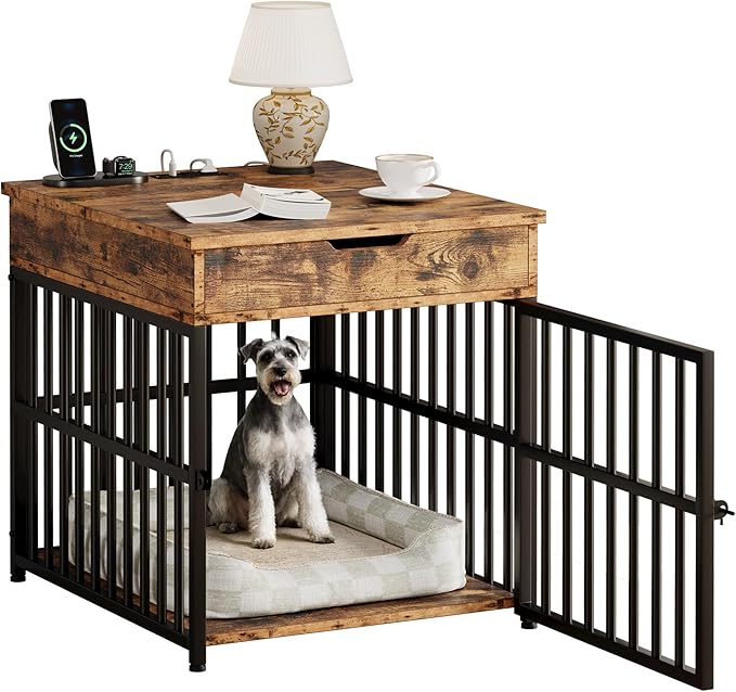 IRONCK Dog Crate Furniture for Small Dogs, Wooden Dog Kennel with Flip Top Drawer, Indoor Pet Crate End Table with Charging Station, Steel-Tube Dog Cage, Rustic Brown