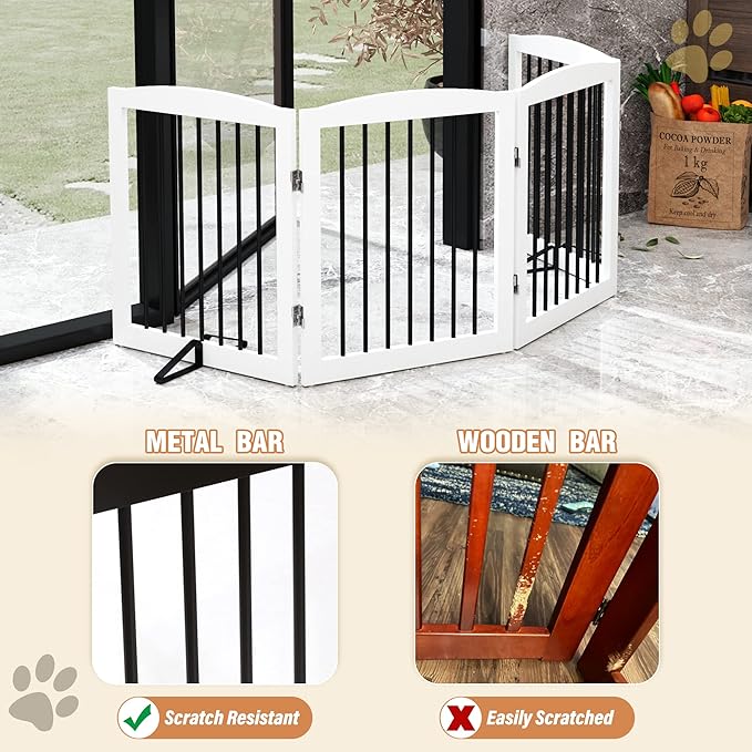 Freestanding Pet Gate for Dogs, Foldable Wooden Dog Gate for House, Indoor Dog Gate for Stair, Doorway, Gates for Dogs Indoor, 80 Inch Wide, 4 Panels 24",White