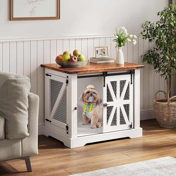 VOPEAK 27.5" Small Dog Crate Furniture, Chew Resistant Dog Crate for Puppy Dogs, Heavy Duty Small Dog Crate Dog Kennel Indoor with Double Doors, Wooden End Table for Bedroom Living Room, White