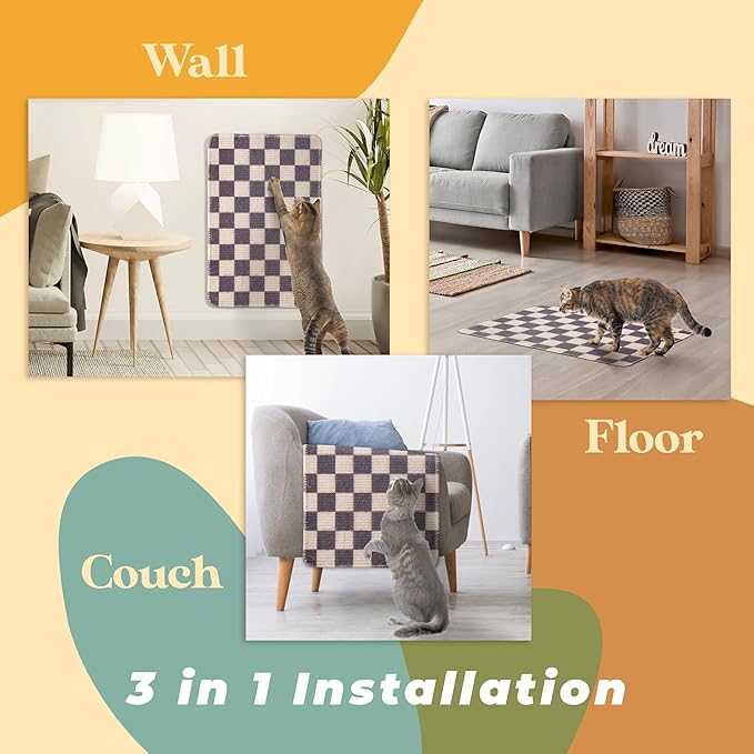 Sisal Cat Scratcher, [+ Catnip Fish Toy], Cat Wall Scratcher, Couch Protector from Cat Scratching, 24 X 15.8 with 12 Adhesive Velcro Stripes. (Checkered)