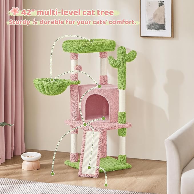 Yaheetech Cactus Cat Tree, 42in Cat Tower for Indoor Cats, Multi Level Kitten Condo Scratching Post, Pet Activity Center Furniture w/Ball, Plush Perch, Platform, Basket, Pink/Green