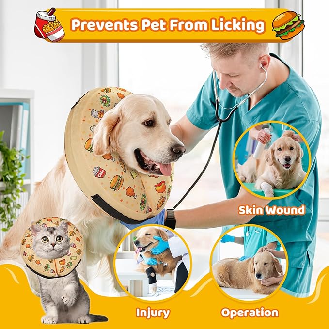 Grand Line Hamburger Inflatable Collar for Dogs and Cats, Soft Protective Recovery Cone After Surgery, Blow up Pet Collar Cone, E-Collar Alternative Does not Block Vision (Large)
