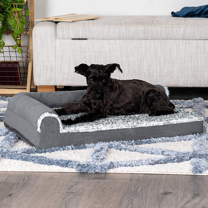 Furhaven Cooling Gel Dog Bed for Medium/Small Dogs w/ Removable Bolsters & Washable Cover, For Dogs Up to 35 lbs - Two-Tone Plush Faux Fur & Suede L Shaped Chaise - Stone Gray, Medium