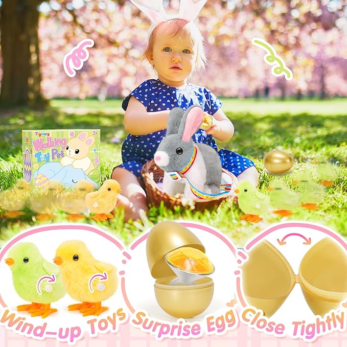 Tagitary Plush Bunny Toy for Kids,Easter Interactive Realistic Bunny with Leash,Golden Egg and Wind Up Toy,That Hopping,Ears Wiggling,Twitching Nose,Rabbit Toys Easter Stuffers Gift for Toddlers