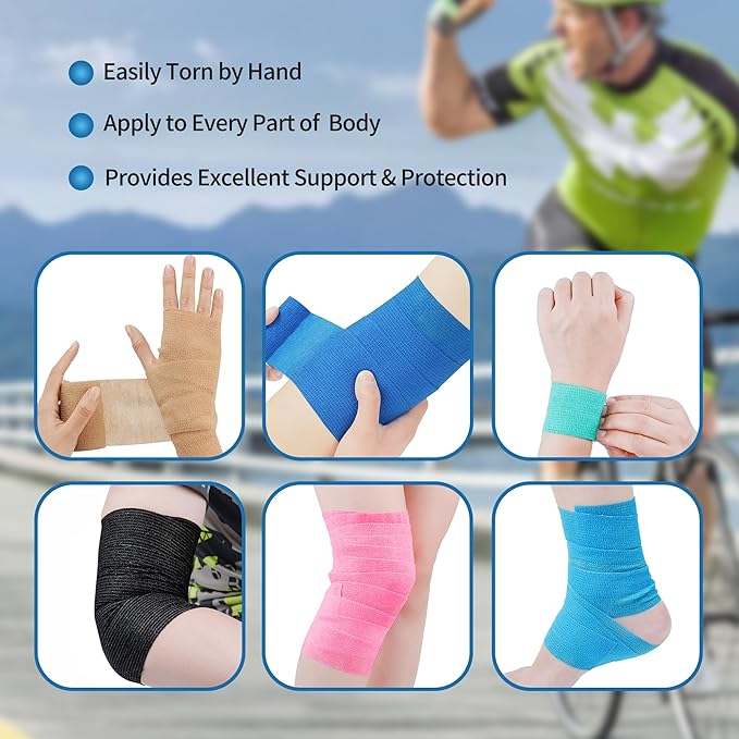 PHYTOP Adhesive Bandage Wrap 12 Pack Vet Wrap 4 inches x 5 Yards, Self Adhesive Cohesive Bandage Tape for Wrist & Ankle Protection (Blue)