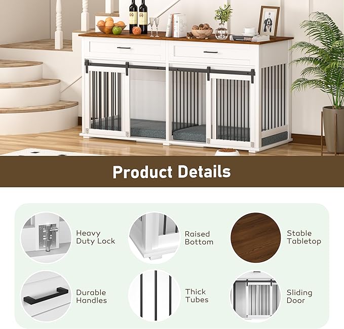 MUPATER 63" L x 23.6" W x 33.3" H Double Wooden Dog Cage Table with 2 Large Drawers & Safety Locks, Large Dog Crate Furniture for 2 Dogs with Removable Divider, Decorative Indoor Dog Kennel Furniture
