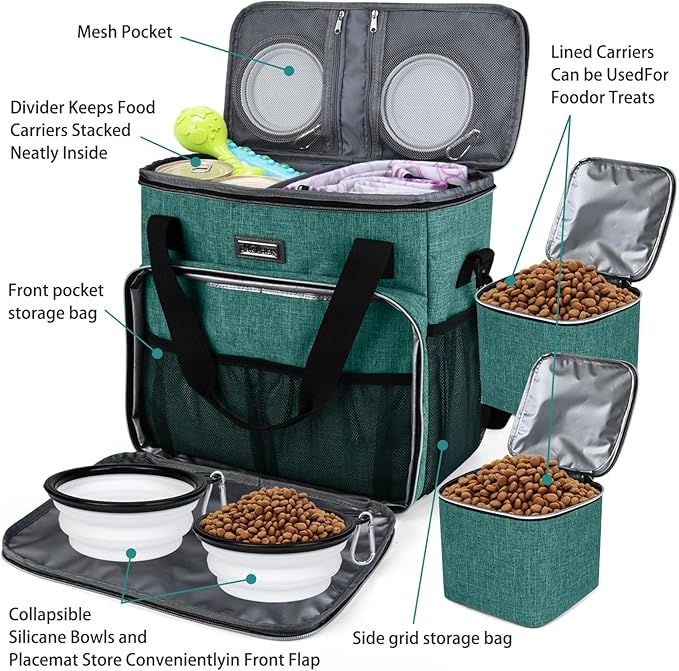 BAGLHER Pet Travel Set Airline-Approved Carrier for Small/Medium Cats & Dogs + Travel Bag with Food Containers & Silicone Bowls, Grey & Green