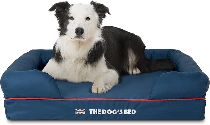 The Dog’s Bed Orthopedic Dog Bed Large Blue Oxford with Red Trim UK Flag Dog Bed 36x27 Memory Foam, Pain Relief: Arthritis, Post Surgery, Lameness, Veterinary Approved, Waterproof Washable Cover