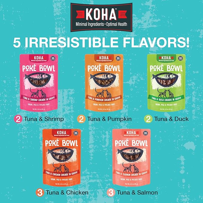 KOHA Pet Food Poké Bowl Cat Variety Pack, Wet Cat Food in Gravy - 5 Flavors - Tuna Combinations of Salmon, Chicken, Duck, Shrimp, and More - 3 oz Pouches, Pack of 24