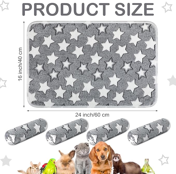 Reginary 4 Pcs Waterproof Guinea Pig Blankets Washable Small Animal Fleece Bedding Absorbent Guinea Pig Cage Liners Reusable Pet Pee Pad Sleep Mat for Hamster Ferret (Gray Star,24 x 16 Inch)