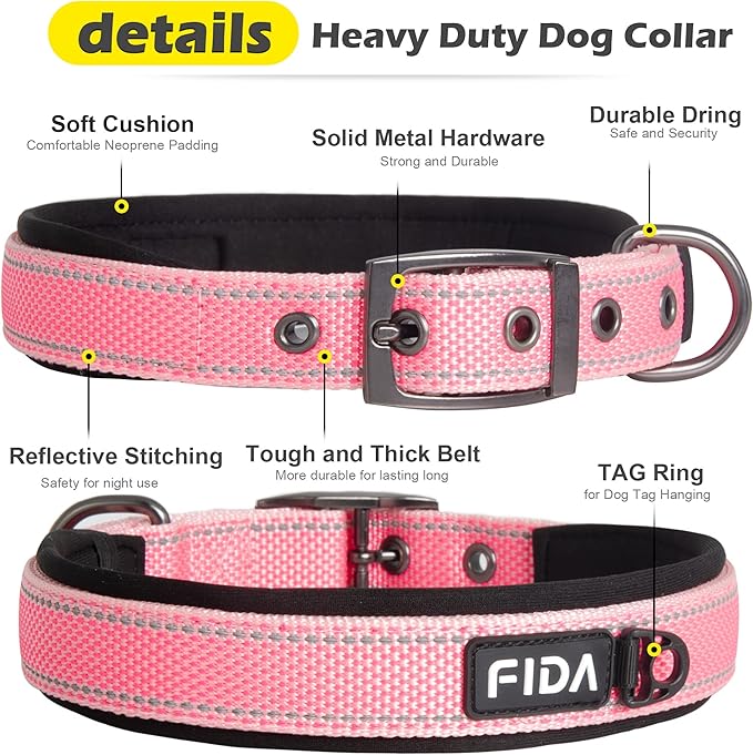 Fida Heavy Duty Dog Collar, Ultra Comfortable Soft Neoprene Padded, Adjustable Reflective Nylon Pet Collar with Durable Metal Belt Buckle for Medium Breeds (M, Pink)