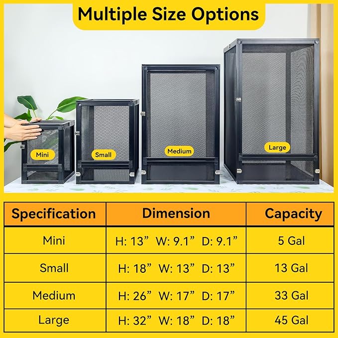 45 Gallon 360° Panoramic Foldable Reptile Terrarium Kit: Crested Gecko Tank and Reptile Cage for Superior Ventilation, Easy Feeding, Sturdiness, and Simple Assembly (Black, 32"x18"x18")