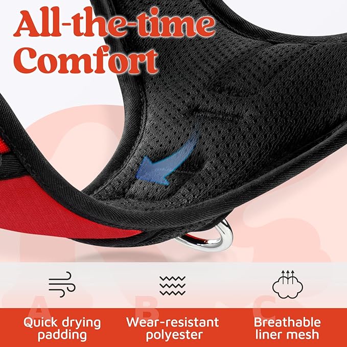 rabbitgoo Dog Harness Medium Sized, No Pull Dog Vest with 3 Buckles, Adjustable Soft Padded Pet Harness with Easy Control Handle and Reflective Strips, Red, M