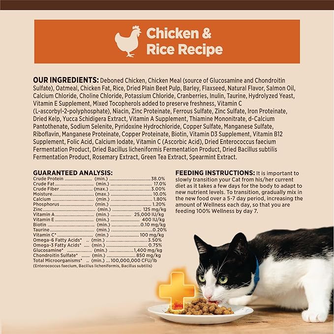 Wellness CORE+ Adult Dry Cat Food for Indoor and Outdoor Cats, Wholesome Grains, Natural, Digestive Health Chicken & Rice (11 Pound Bag)