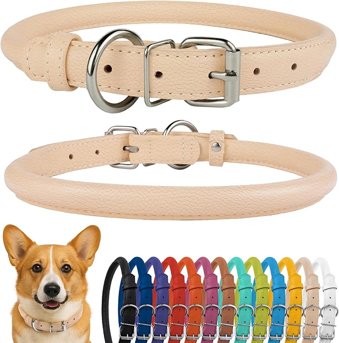 CollarDirect Rolled Leather Dog Collar, Soft Padded Round Puppy Collar, Handmade Genuine Leather Collar Dog Small Large Cat Collars 13 Colors (11-14 Inch, Beige Textured)