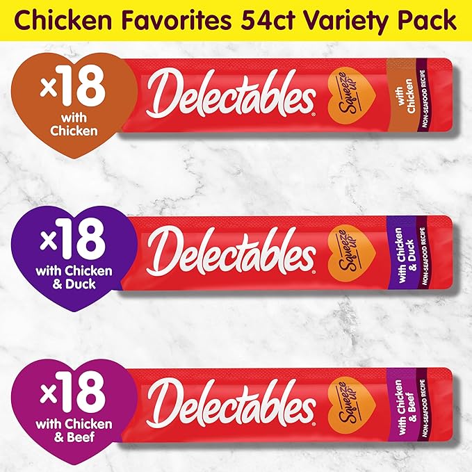 Delectables Squeeze Up Non-Seafood Variety Pack, Creamy Squeezable Puree, Lickable Wet Cat Treats, Grain Free, No Added Fillers, No By-Products, No Added Preservatives, 0.5 Ounces Tube, 54 Tubes Total