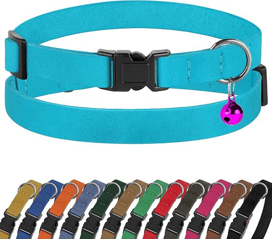 Breakaway Cat Collar Leather with Removable Bell - 13 Colors Available - Soft Adjustable Girl Boy Safety Lightweight Pet Kitten Collars Pink Brown Blue Green Red Orange Black (Aquamarine)
