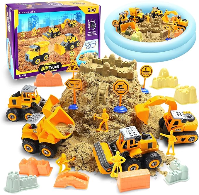 Play Construction Sand Kit,2.2lbs Magic Sand W/4 Large Take Apart Construction Trucks,1 Sandbox,8 Worker Figures and Road Signs,8 Molds,Toys for 2-8 Years Old Boys Girls