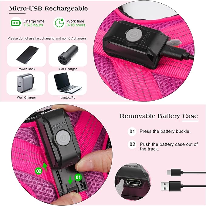 Light Up Dog Harness, Rechargeable Led Dog Harness with Battery Level Indicator, Adjustable Reflective Safety Vest for Night Walking, Soft Mesh Lighted Harness for Medium Large Dogs(5-90lbs)