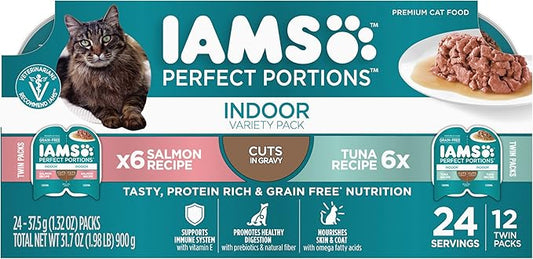 IAMS Perfect Portions Indoor Adult Wet Cat Food Cuts in Gravy Variety Pack, Salmon and Tuna Recipes, 2.6 oz. Easy Peel Twin-Pack Trays (12 Count, 24 Servings)