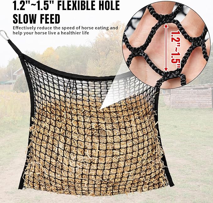 2 PCS Slow Feed Hay Net for Horses, Large Capacity Hay Bags for Horses Goats Sheep Donkey Trailer Full Day Feeding, Easy to Fill and Hang, Black, 35 x 31 Inch