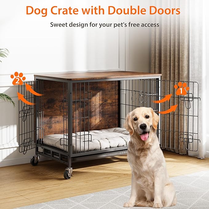 Dog Crate Furniture, 32.5" Wooden Dog Crate Furniture Side End Table, Indoor Kennel with Double Doors, Dog Crates for Medium Dogs, Rustic Brown