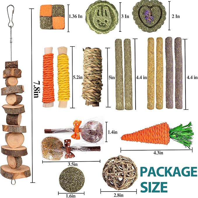 HERCOOCI 18Pcs Rabbit Chew Toys, Bunny Treats and Ball Timothy Hay Stick Toys for Rabbit Bunny Guinea Pig Chinchilla Hamster Teeth Care