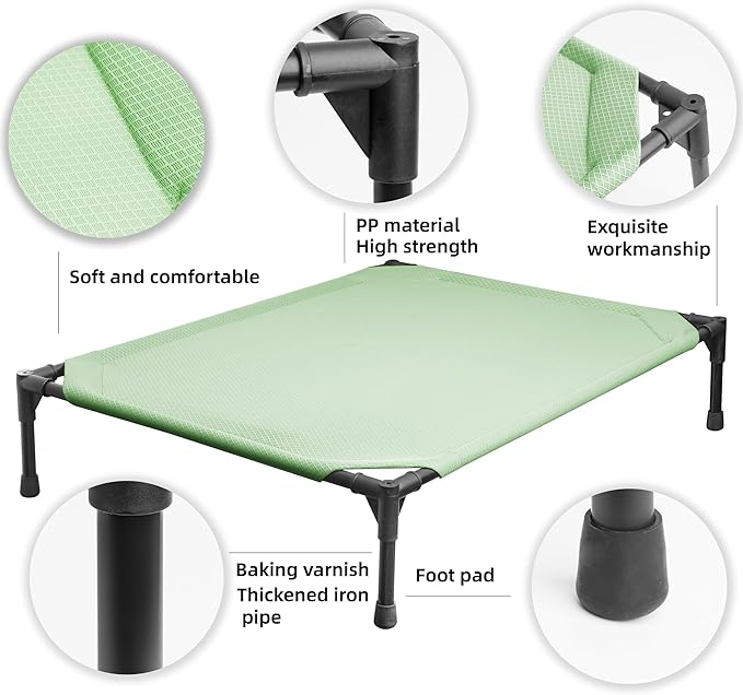 Soft Mesh Elevated Pet Bed for Large Medium Dogs Outdoor Resting Cot with Water-Resistant, Air-Permeable, Cooling and Anti-Skid Portable Dog Bed, Up to 120 lbs, 43.2" L x 31" W x 7.5" H, Green