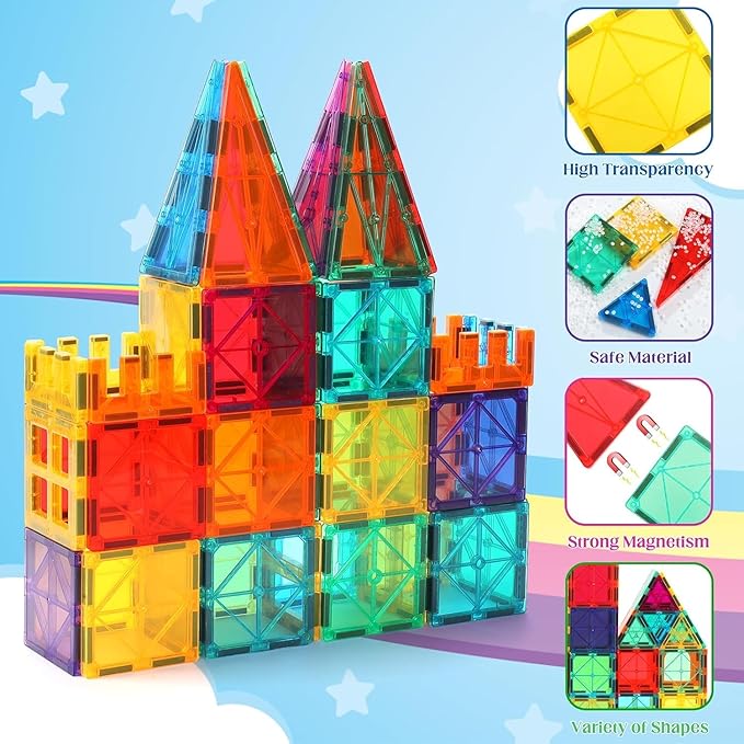 32-Pack Magnetic Tiles–Rainbow Builder Set, 2.95in STEM Construction Kit with Transparent Windows, Expand Creative Play for Kids