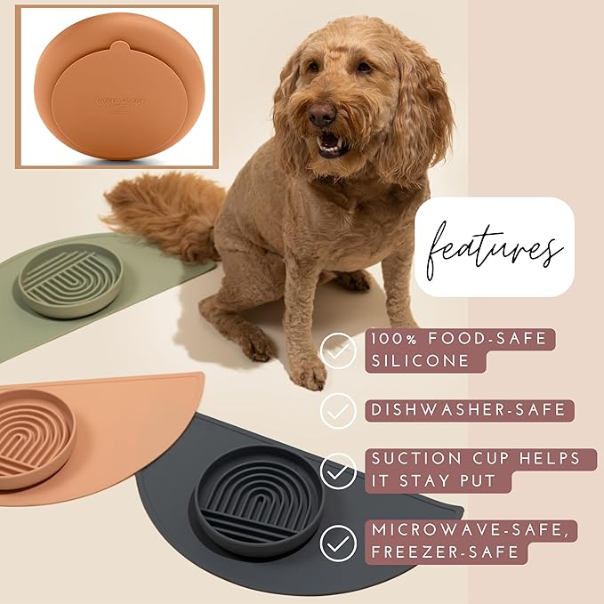 The Slowdown Bowl Silicone Slow Feeder for Dogs & Puppies, Slow Eating, Modern Lick Mat Design, Reduces Gulping, Fits 2 Cups 7.5” Across x 1.5” Tall, Mealtime Challenge, Medium-Tan