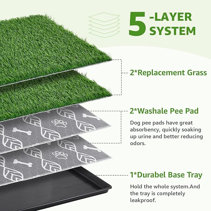 LOOBANI 41x27in Large Dog Litter Box with 2 Artificial Grass Patch + 2 Washable Pee Pads, Quickly Absorbency Portable Patio Potty for Balcony Apartment Use
