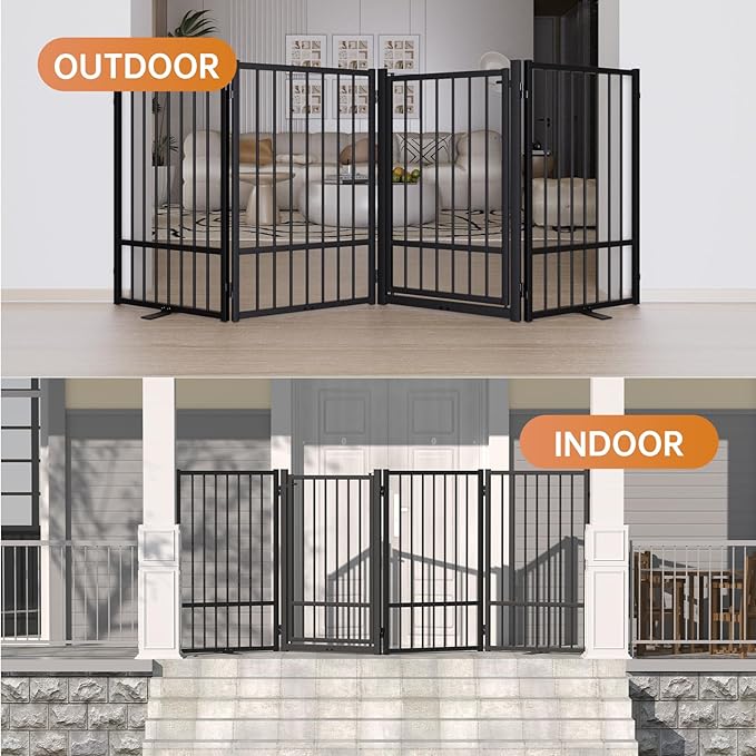 Full Metal Freestanding Dog Gate with Door, 32''Height Foldable Pet Dog Fence for Indoor & Outdoor, 8 Panels Extra Wide Free Standing TallDog Gates for Doorways,House,Stairs,Porch,Deck,Yard