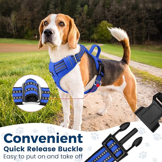 Funfox Dog Harness No Pull, Adjustable Pet Vest Harness, Super Soft Material with Vertical Handle Easy Control, Reflective Night Walking, 2 Leash Clips for Large Dogs, Blue, L