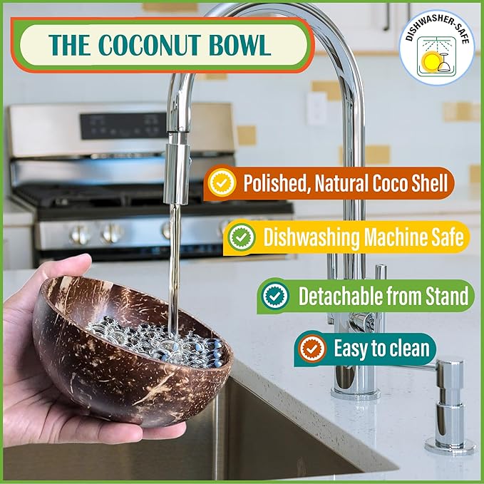Raised Dog Bowl for Small Dog - Elevated, Ants-Off Stand, Real Coco Bowl, Height 5-inch, 33-oz Dish Capacity - Coconut/Bamboo Natural Calming Effect