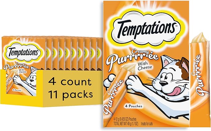 Temptations Creamy Puree Squeezable Lickable Wet Cat Treats with Cheese, 0.42 oz. Tubes, 4 Count, Pack of 11 (44 Total)