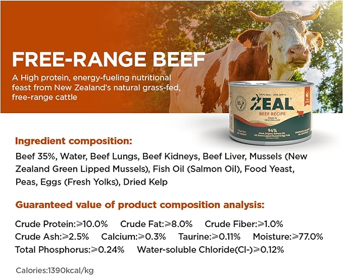 ZEAL New Zealand Wet Cat Food – High Protein, Grain-Free with Superfoods (Beef, 3.17oz Can, 24-Pack)
