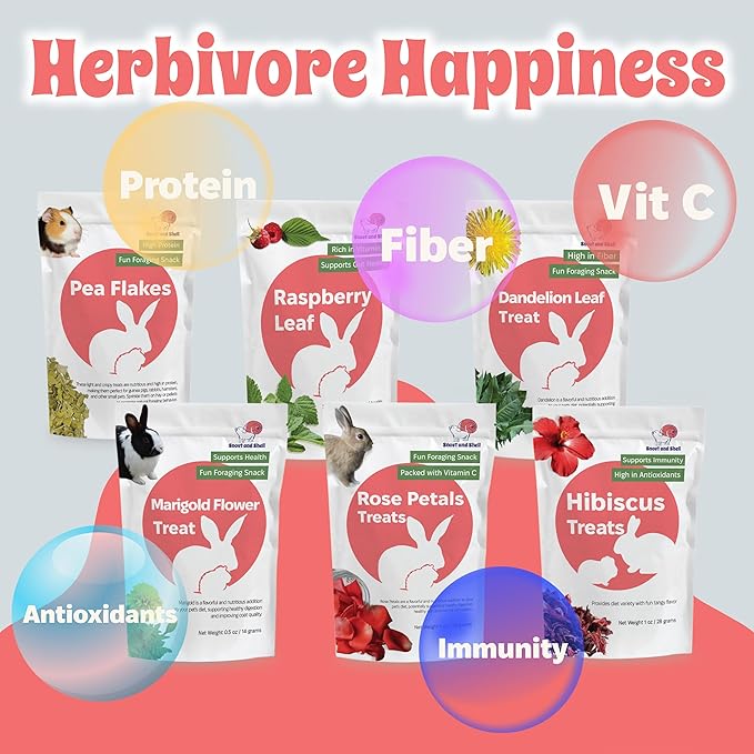 Snout and Shell Small Pet Mega Pack – 6 Natural Treats: Pea Flakes, Dandelion, Raspberry Leaf, Marigold, Rose Petals & Hibiscus – For Rabbits, Guinea Pigs, Chinchillas & More – Foraging & Health Boost